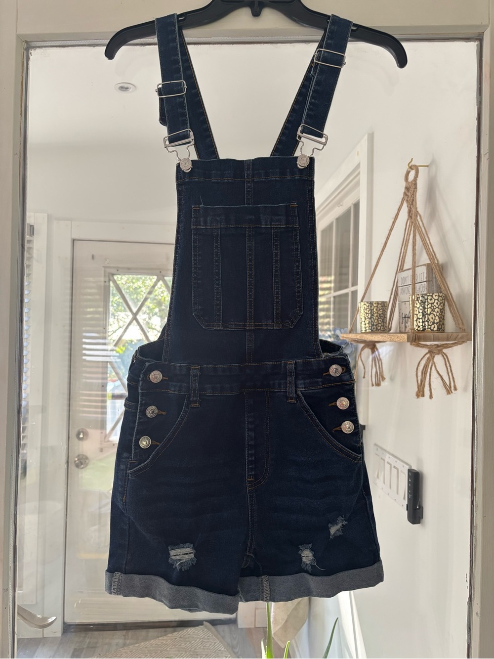 SHEIN Dark Blue Denim Short Overalls with Adjustable Straps